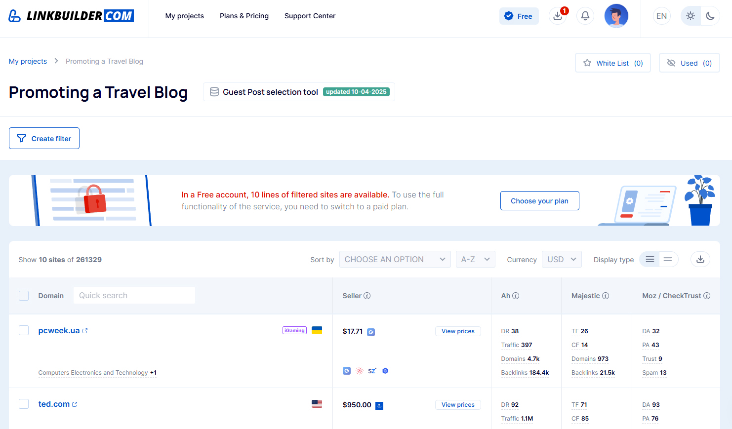 panel with a website catalog